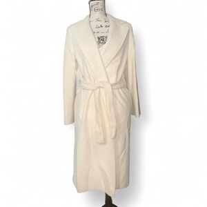 Wellington Fashions Vintage Cream Wool Wrap Coat Quilted Shoulder Tie Waist Long